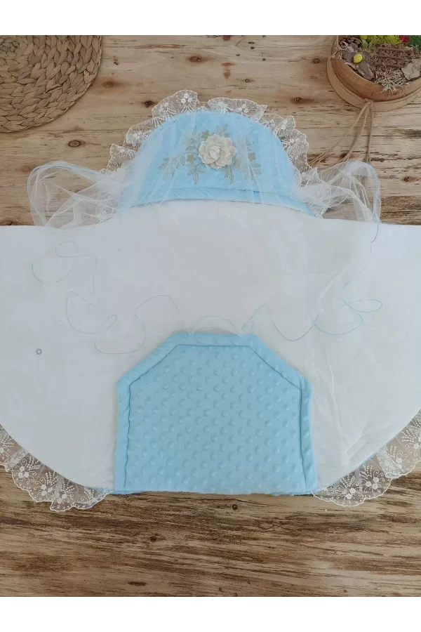 Luz&Pos Yenidoğan Topçikli Gül Bahçesi Tül Örtülü Kız Erkek Bebek Klasik Kundak Bebek Battaniyesi Mavi