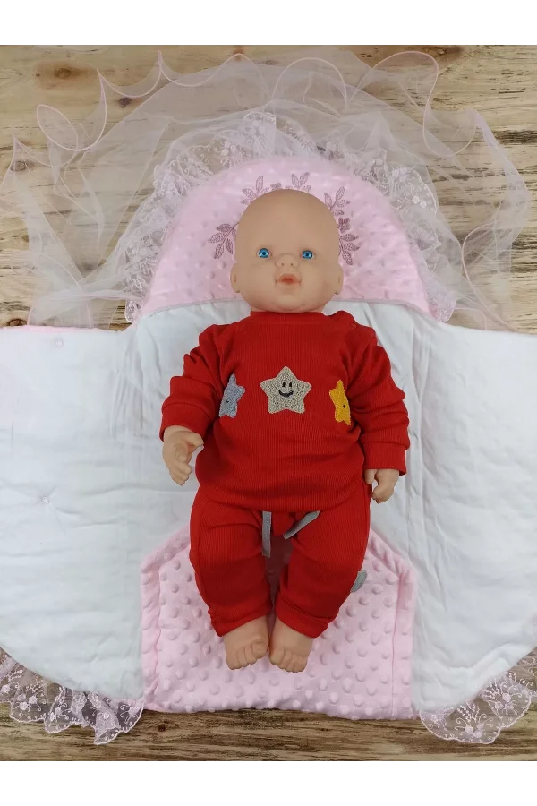 Luz&Pos Yenidoğan Topçikli Gül Bahçesi Tül Örtülü Kız Erkek Bebek Klasik Kundak Bebek Battaniyesi Pembe