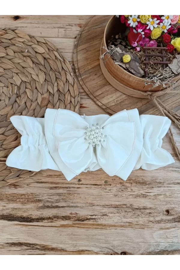 Luz&Pos Yenidoğan Wool Yün Kumaş Taç Nakışlı Güpür Duvaklı Fiyonk Prizma Taş Unisex Kundak Bebek Battaniyesi Bej