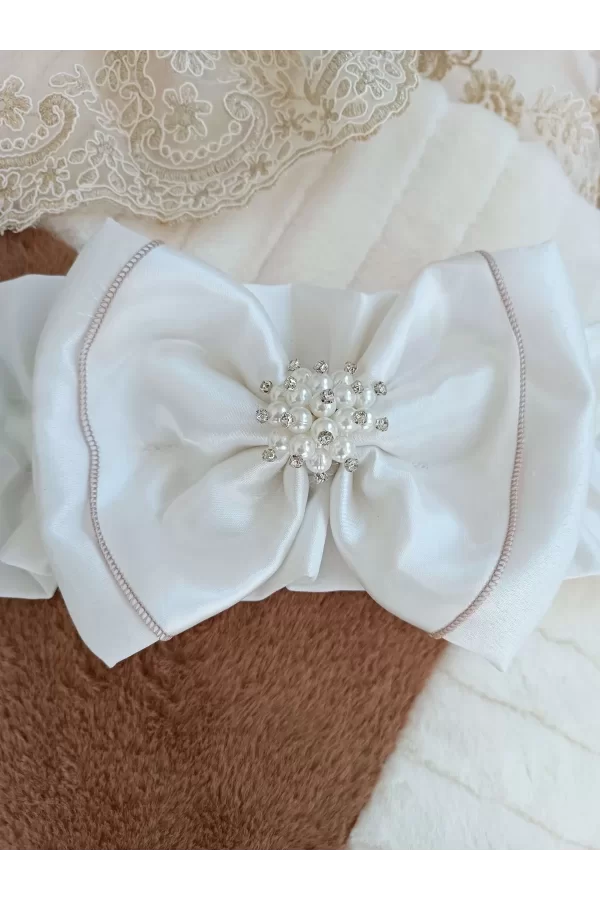 Luz&Pos Yenidoğan Wool Yün Kumaş Taç Nakışlı Güpür Duvaklı Fiyonk Prizma Taş Unisex Kundak Bebek Battaniyesi Kahverengi