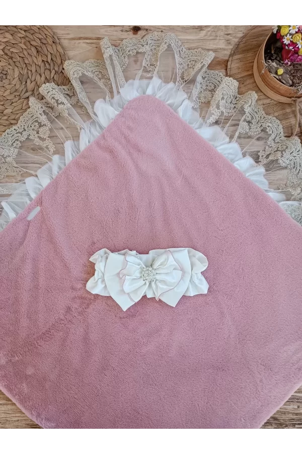 Luz&Pos Yenidoğan Wool Yün Kumaş Taç Nakışlı Güpür Duvaklı Fiyonk Prizma Taş Unisex Kundak Bebek Battaniyesi Pembe