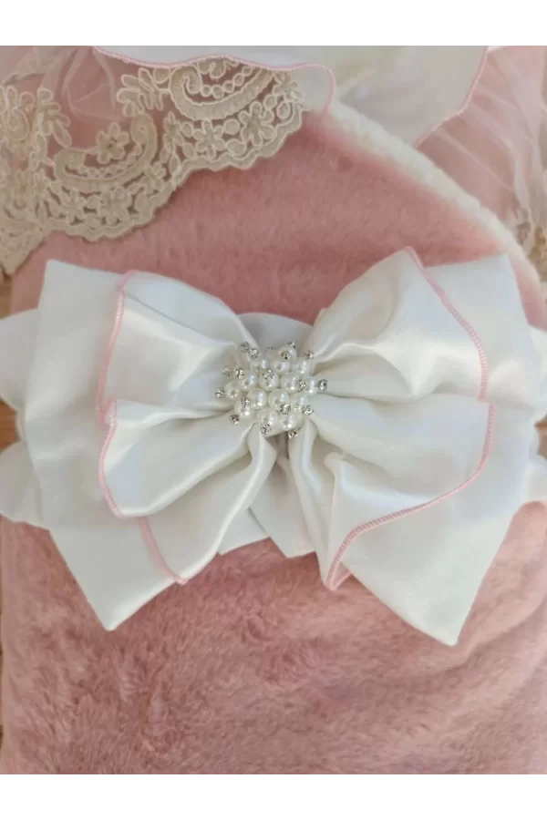 Luz&Pos Yenidoğan Wool Yün Kumaş Taç Nakışlı Güpür Duvaklı Fiyonk Prizma Taş Unisex Kundak Bebek Battaniyesi Pembe