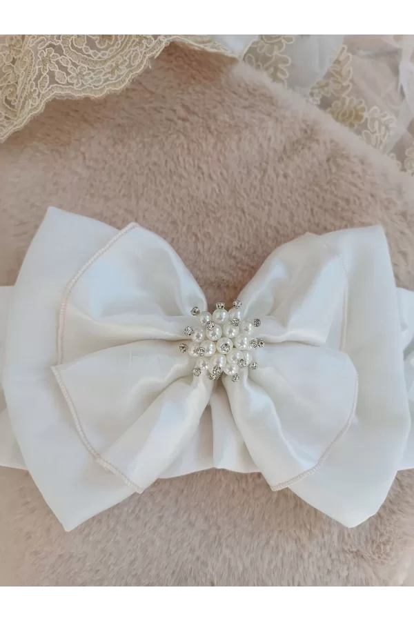 Luz&Pos Yenidoğan Wool Yün Kumaş Taç Nakışlı Güpür Duvaklı Fiyonk Prizma Taş Unisex Kundak Bebek Battaniyesi Bej