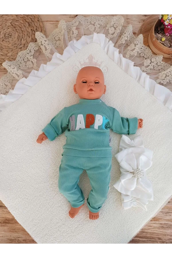 Luz&Pos Yenidoğan Wool Yün Kumaş Taç Nakışlı Güpür Duvaklı Fiyonk Prizma Taş Unisex Kundak Bebek Battaniyesi Bej