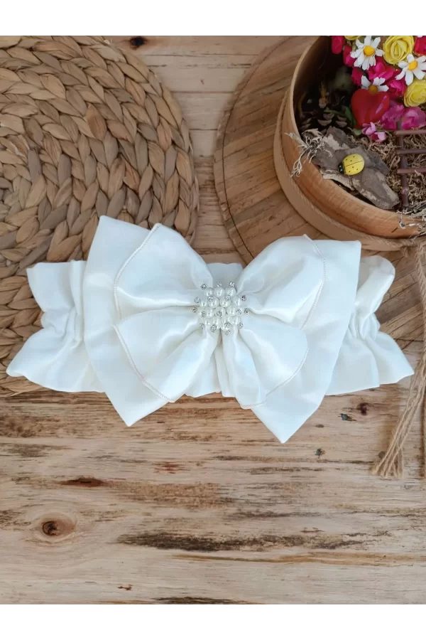 Luz&Pos Yenidoğan Wool Yün Kumaş Taç Nakışlı Güpür Duvaklı Fiyonk Prizma Taş Unisex Kundak Bebek Battaniyesi Bej