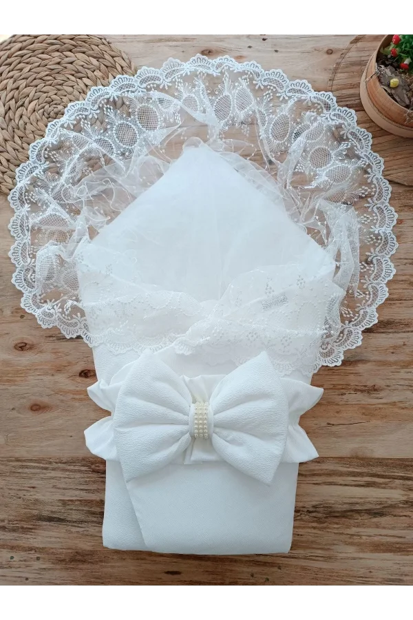 Luz&Pos Yenidoğan Yakamoz Kumru Model Dantelli Taşlı Fiyonk Bebek Battaniyesi Kundak Ekru