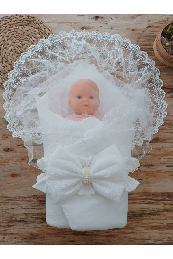 Luz&Pos Yenidoğan Yakamoz Kumru Model Dantelli Taşlı Fiyonk Bebek Battaniyesi Kundak Ekru