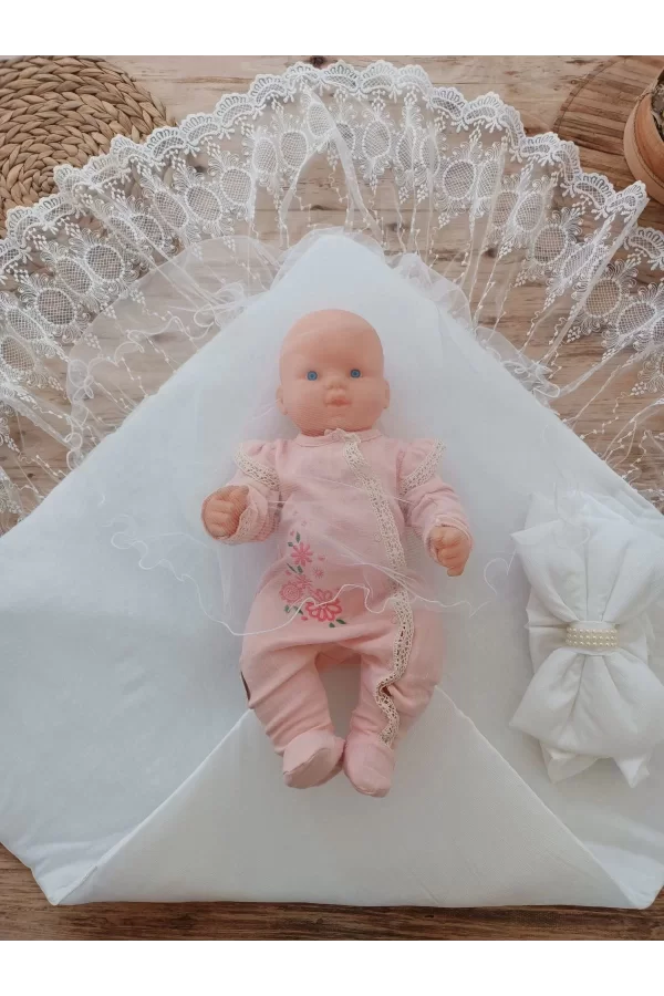 Luz&Pos Yenidoğan Yakamoz Kumru Model Dantelli Taşlı Fiyonk Bebek Battaniyesi Kundak Ekru