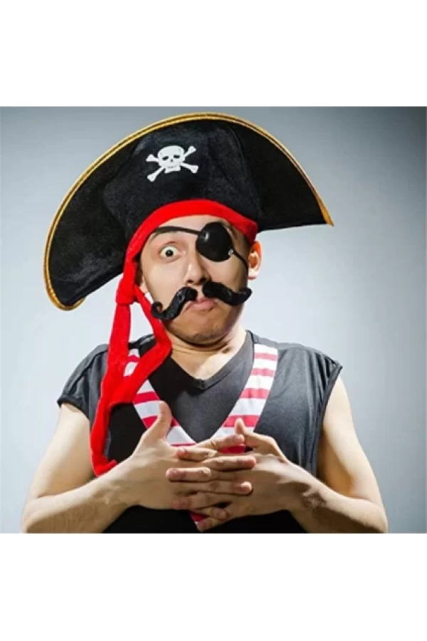 Yetişkin Boy Kadife Kaptan Jack Sparrow Korsan Şapkası ve Plastik Korsan Göz Maskesi