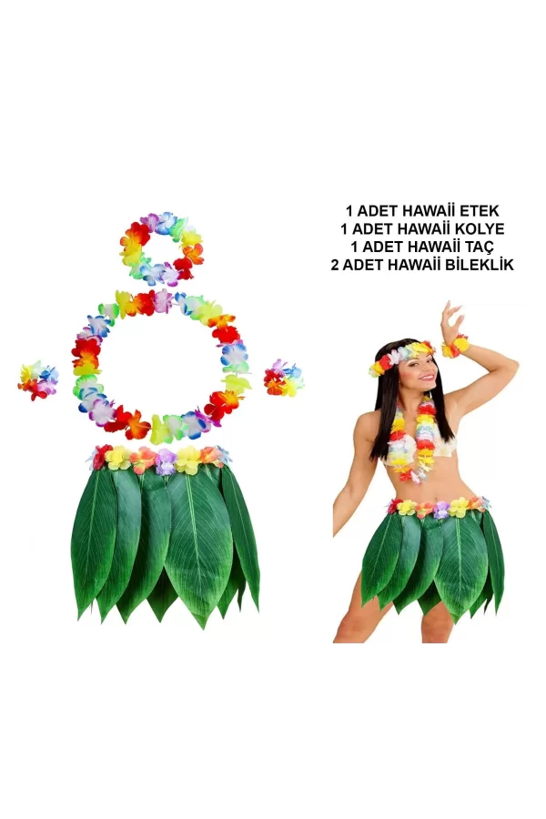 Yetişkin Hawaii Kostüm Seti - Yaprak Etek  Hawaii Set - 5 Parça