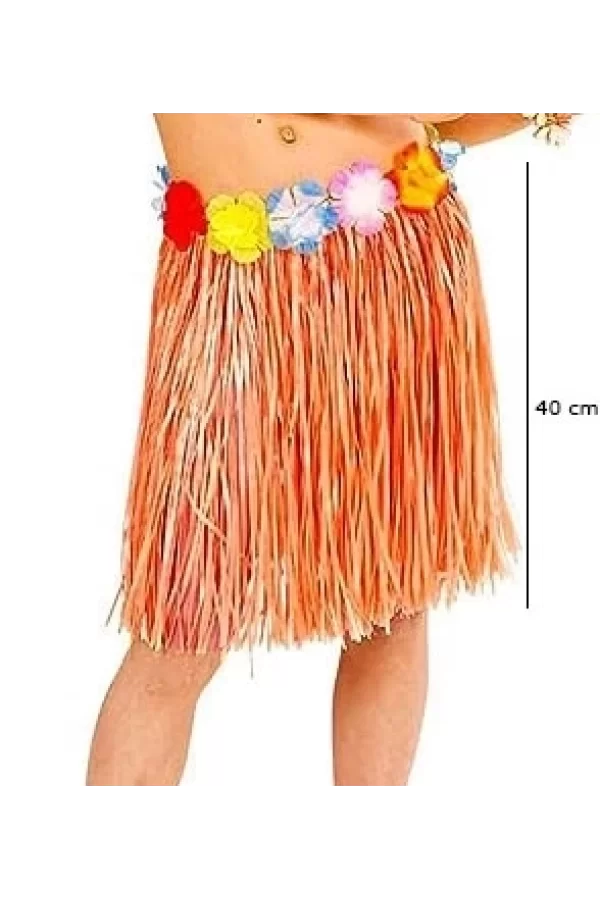 Yetişkin Ve Çocuk Uyumlu Turuncu Renk Püsküllü Hawaii Luau Hula Etek 40 Cm
