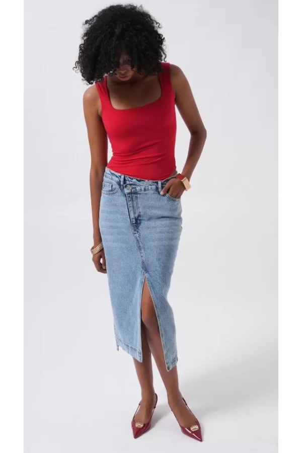 Yırtmaç Detay Denim Midi Etek