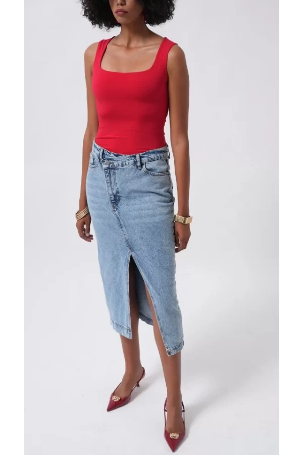 Yırtmaç Detay Denim Midi Etek