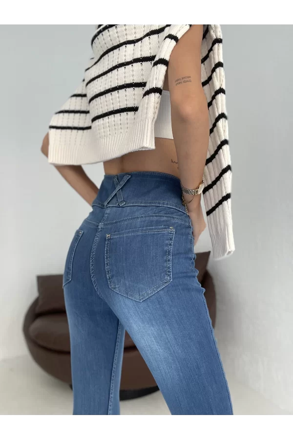 Yüksek Bel Likralı Jean Pantolon 90 Cm
