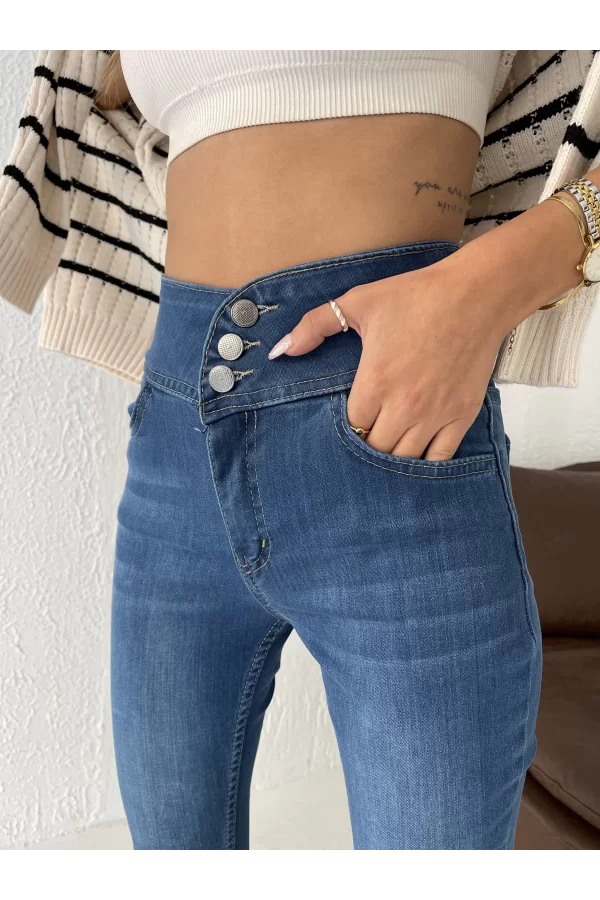 Yüksek Bel Likralı Jean Pantolon 90 Cm