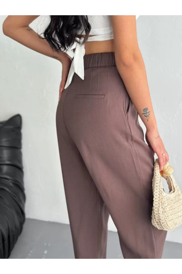 Yüksel Bel Rahat Paça Pantalon - Kahverengi