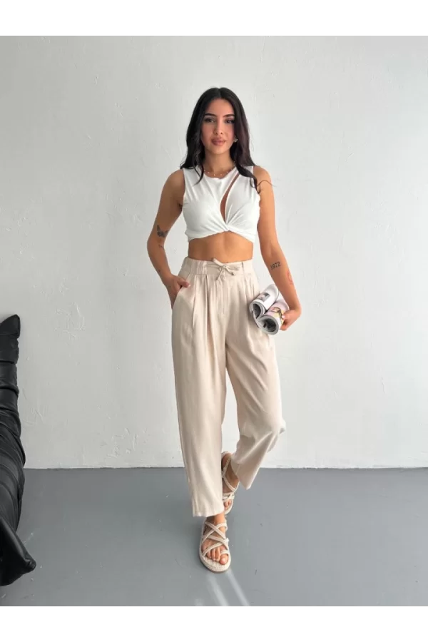 Yüksel Bel Rahat Paça Pantalon - Kırık Beyaz