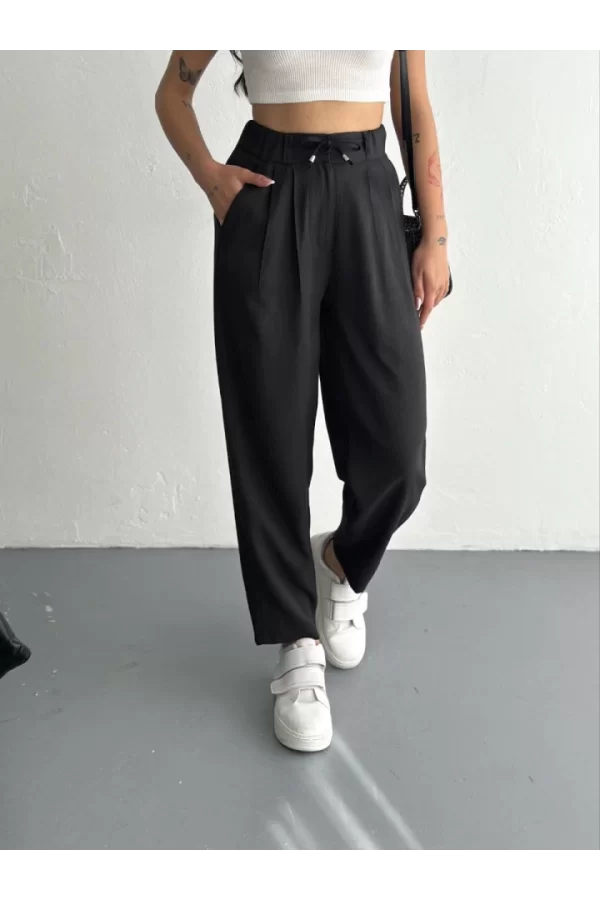 Yüksel Bel Rahat Paça Pantalon - Siyah