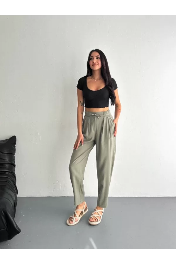 Yüksel Bel Rahat Paça Pantalon - Su Yeşili