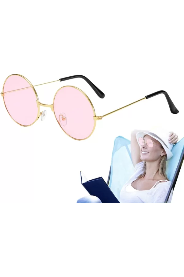 Yuvarlak Cam John Lennon Tarzı Gold Pembe Gözlük