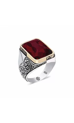 Luz&Pos ​gümüş Bordo Taşlı Köşeli Erkek Yüzük