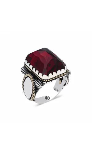 Luz&Pos ​gümüş Bordo Zirkon Taşlı Kare Erkek Yüzük