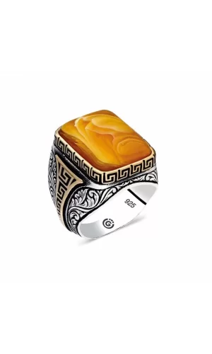 Luz&Pos ​gümüş Desenli Sıkma Kehribar Taşlı Kare Erkek Yüzük