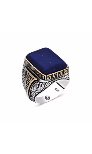 Luz&Pos ​gümüş Koyu Mavi Lapis Taşlı Kare Erkek Yüzük