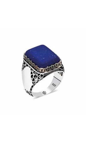 Luz&Pos ​gümüş Mavi Lapis Taşlı Kare Erkek Yüzük