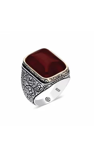 Luz&Pos ​gümüş Zirkon Koyu Bordo  Taşlı Kare Erkek Yüzük