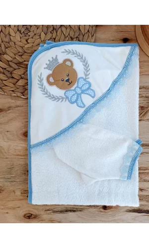 Luz&Pos 0-1 Yaş Bear Nakışlı El Keseli 2li Erkek Bebek Havlu Takımı Mavi