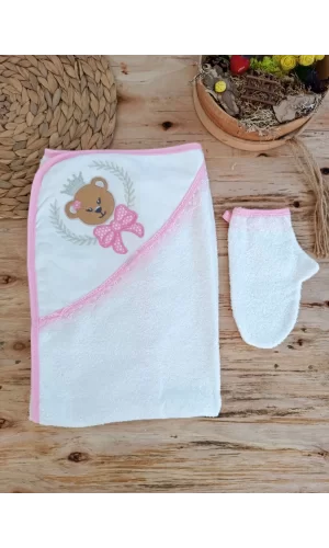 Luz&Pos 0-1 Yaş Bear Nakışlı El Keseli 2li Kız Bebek Havlu Takımı Pembe