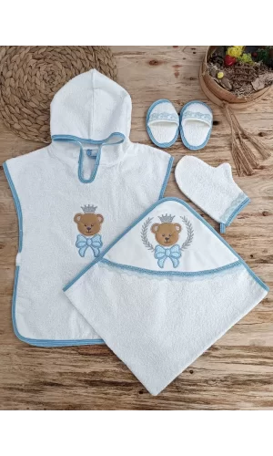 Luz&Pos 0-1 Yaş Bear Nakışlı Pareolu 4lü Erkek Bebek Havlu Silgi Takımı Mavi