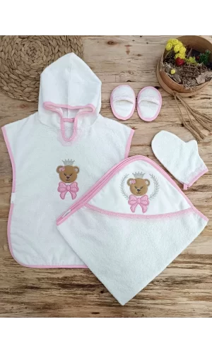 Luz&Pos 0-1 Yaş Bear Nakışlı Pareolu 4lü Kız Bebek Havlu Silgi Takımı Pembe