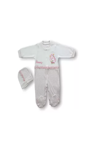 Luz&Pos 0-3 3-6 6-9 Ay Kraliçe Kuğu Nakışlı Şapkalı Kız Bebek Tulumu Ekru
