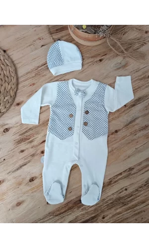 0-3 3-6 6-9 Ay Şapkalı Yelek Detaylı Boydan Çıtçıt Erkek Bebek Tulumu Ekru