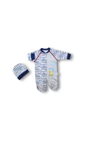 Luz&Pos 0-3 3-6 6-9 Ay Şemsiyeli Ördek Nakışlı Şapkalı Erkek Bebek Tulumu Lacivert