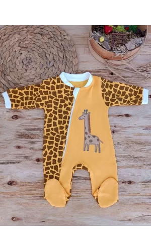 Luz&Pos 0-3 3-6 Ay Boy Fermuar Zürafa Nakışlı Kız Erkek Bebek Tulum Sarı