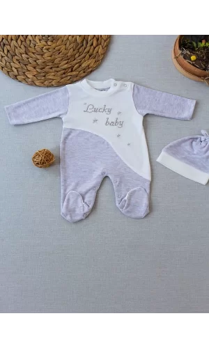 Luz&Pos 0-3 3-6 Ay Lucky Baby Nakışlı Es Çizgi Boy Şapkalı Erkek Bebek Tulumu Kahvemelanj