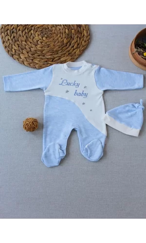 Luz&Pos 0-3 3-6 Ay Lucky Baby Nakışlı Es Çizgi Boy Şapkalı Erkek Bebek Tulumu Mavi