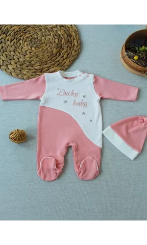 Luz&Pos 0-3 3-6 Ay Lucky Baby Nakışlı Es Çizgi Boy Şapkalı Kız Bebek Tulumu Pudra