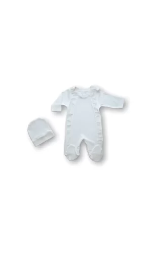 Luz&Pos 0-3 3-6 Ay Tüllü Fırfır Detaylı Şapkalı Uzun Kollu Kız Bebek Tulumu Ekru
