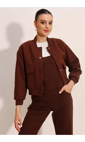 0688 Çift Cepli Bomber Ceket - Kahverengi