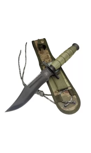 0698 Haki Komando Bıçağı 30cm -  Testere Detaylı, Oluklu, Kılıflı