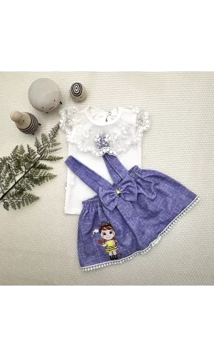 1-2-3 Yaş Bayan Arı Nakışlı Kot Desenli Etek Pamuklu Kumaş 2li Kız Bebek Salopet Takımı Mavi