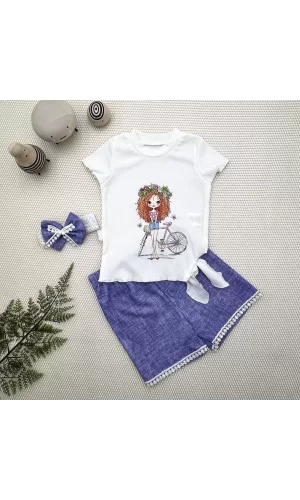 Luz&Pos 1-2-3 Yaş Bisikletli Kız Baskılı Bandanalı Kot Desenli Şort Kısa Kollu Tişört 3lü Kız Bebek Takımı Mavi