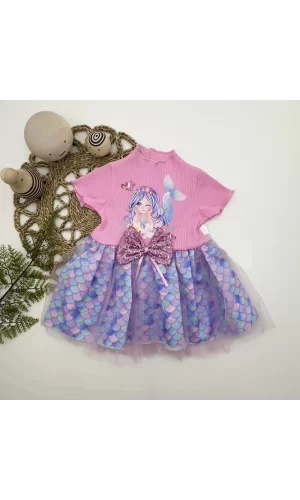 Luz&Pos 1-2-3 Yaş Denizkızı Baskılı Pul Desen Etekli Kız Bebek Elbisesi Pembe