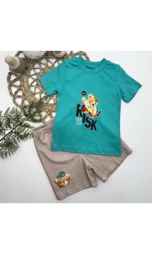 Luz&Pos 1-2-3 Yaş Kaykaycı Ayı Baskılı Şortlu Kısa Kollu Tişört 2li Erkek Bebek Takımı Turkuaz