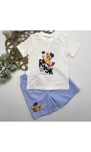 Luz&Pos 1-2-3 Yaş Kaykaycı Ayı Baskılı Şortlu Kısa Kollu Tişört 2li Erkek Bebek Takımı Ekru