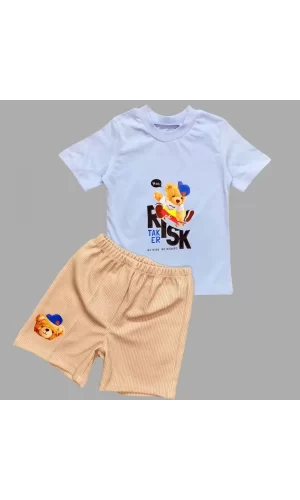 Luz&Pos 1-2-3 Yaş Kaykaycı Ayı Baskılı Şortlu Kısa Kollu Tişört 2li Erkek Bebek Takımı Mavi